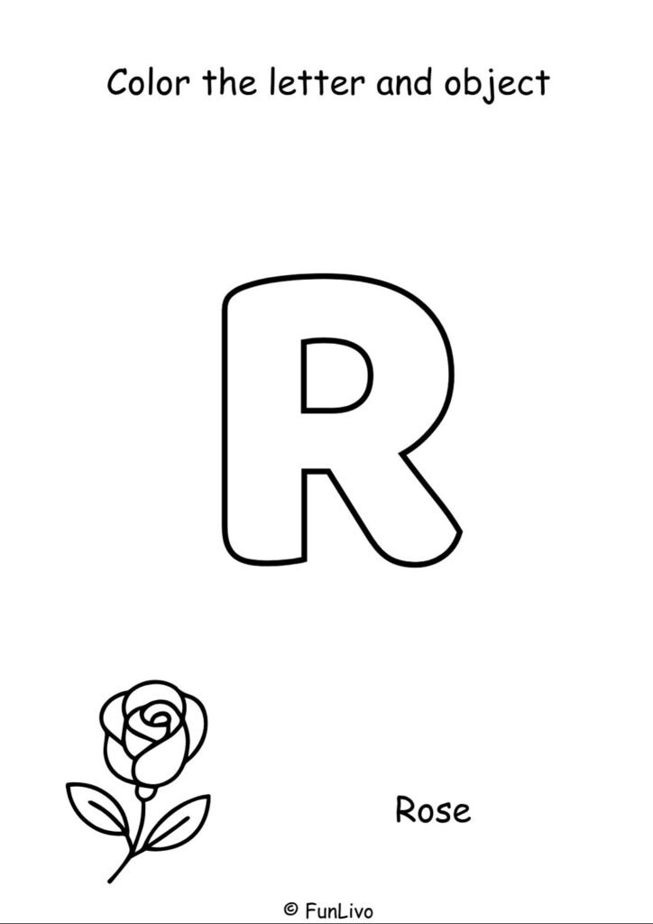 Free uppercase letter R coloring worksheet with aeroplane for preschool kids