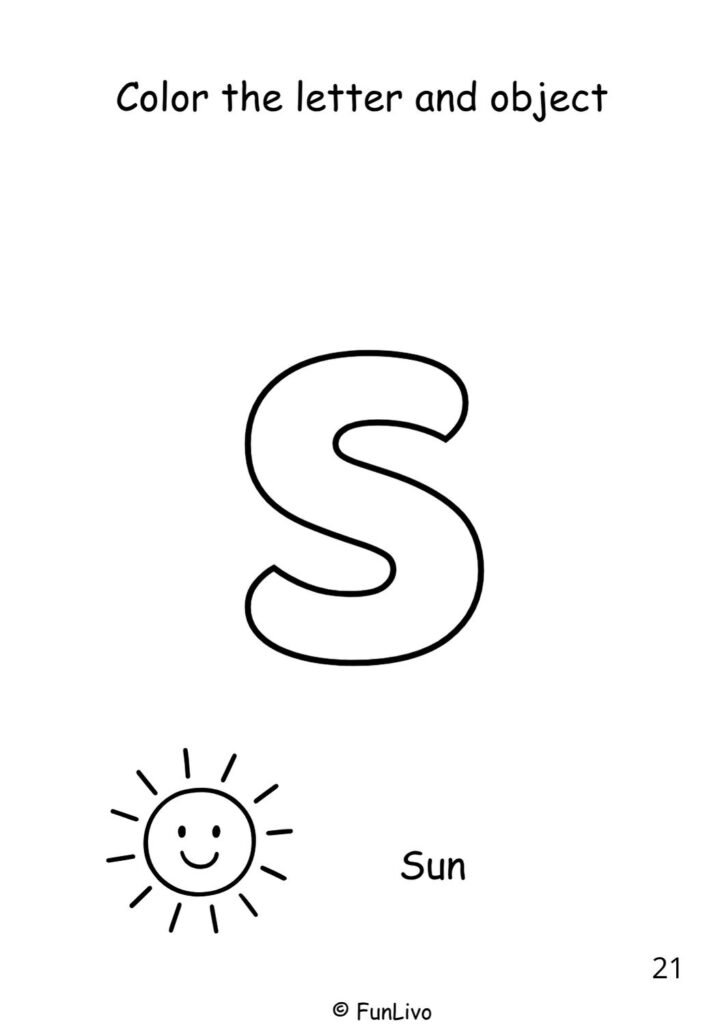 Free uppercase letter S coloring worksheet with aeroplane for preschool kids