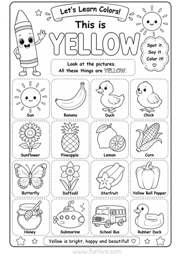 Yellow color objects coloring worksheet for preschool kids