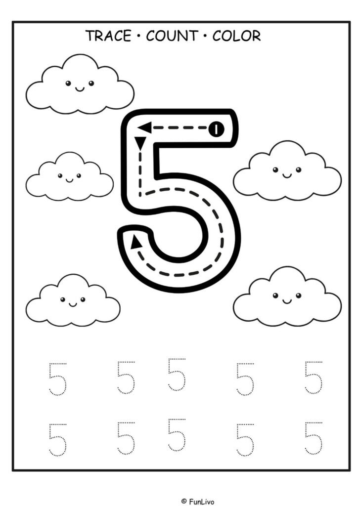 Free number 5 tracing worksheet for preschool kids with counting and coloring activity