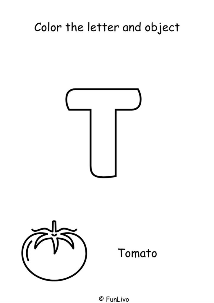 Free uppercase letter T coloring worksheet with aeroplane for preschool kids