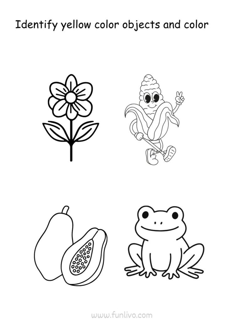 Yellow color recognition worksheet with fruits, flowers and everyday yellow objects