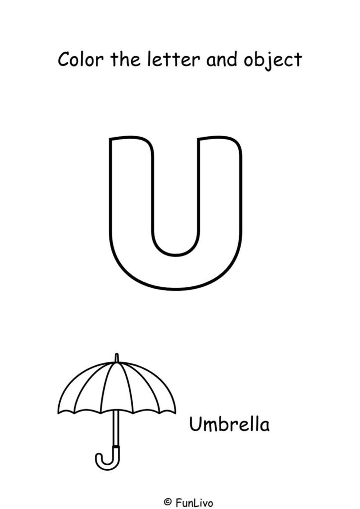 Free uppercase letter U coloring worksheet with aeroplane for preschool kids