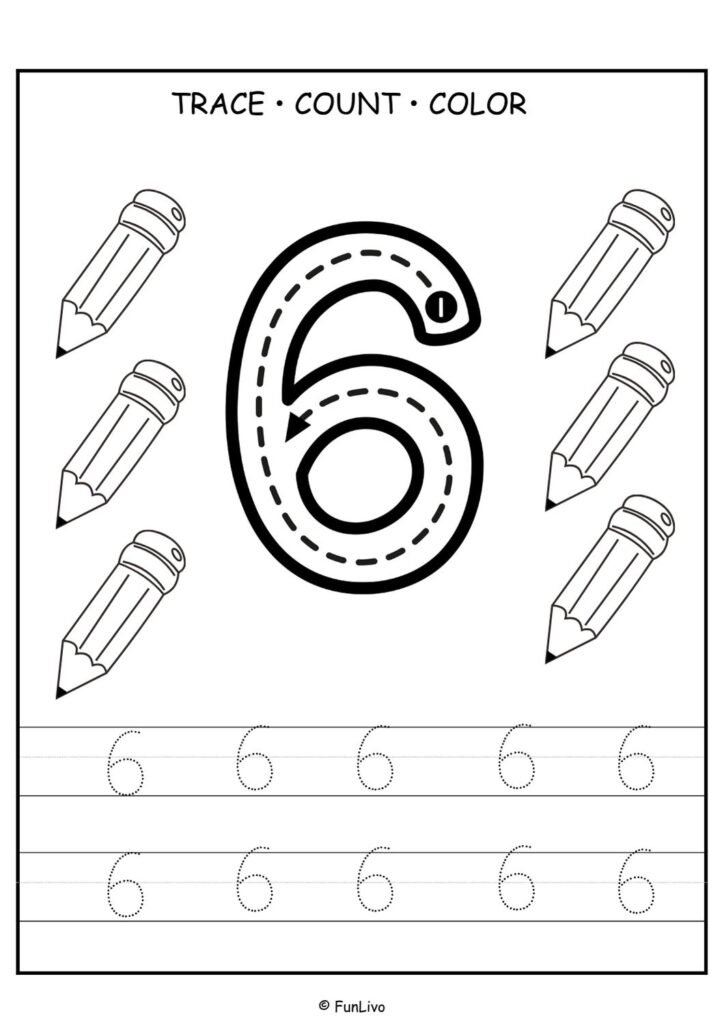 Free number 6 tracing worksheet for preschool kids with counting and coloring activity