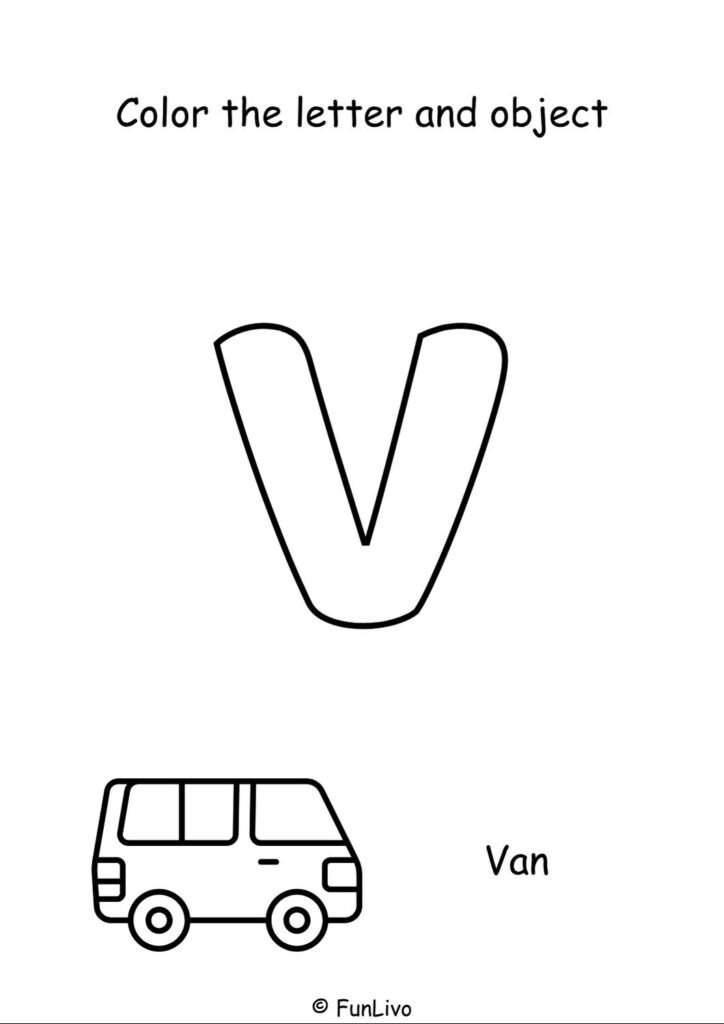 Free uppercase letter V coloring worksheet with aeroplane for preschool kids