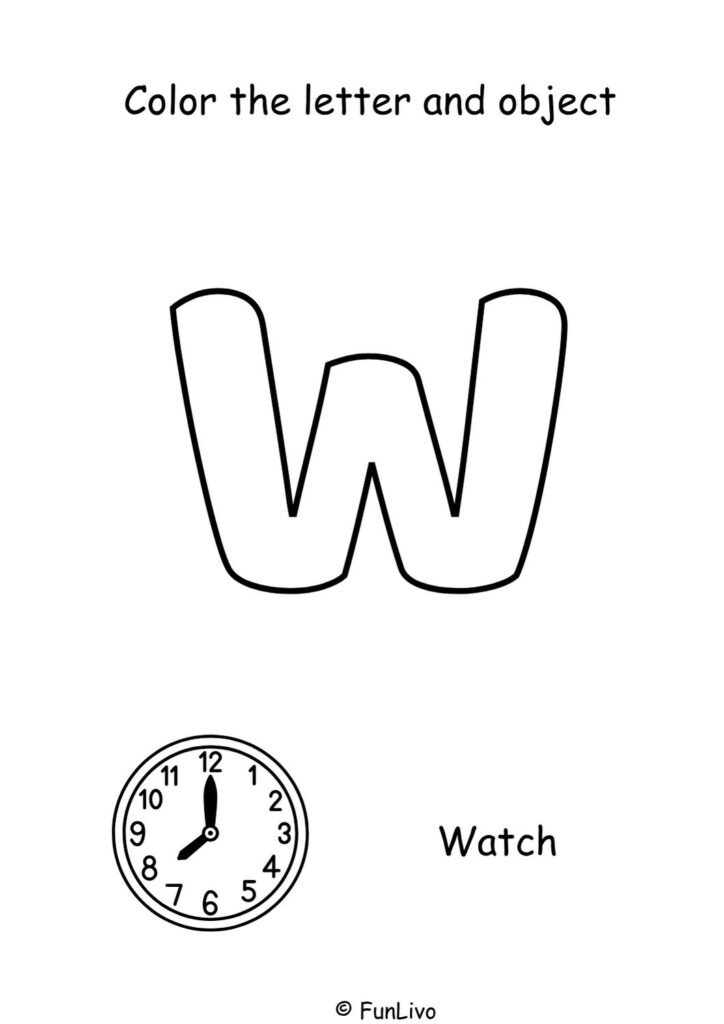 Free uppercase letter W coloring worksheet with aeroplane for preschool kids