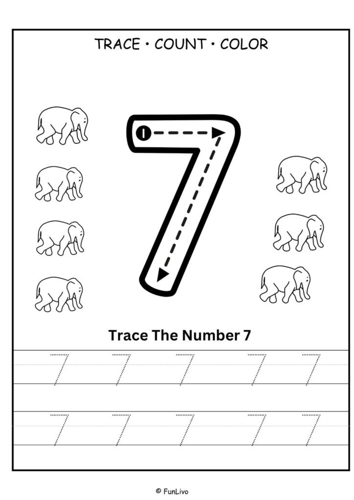 Free number 7 tracing worksheet for preschool kids with counting and coloring activity