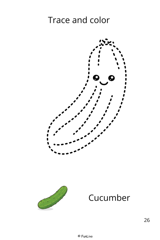 Cucumber Vegetable Tracing and Coloring Worksheets for Preschool Kids