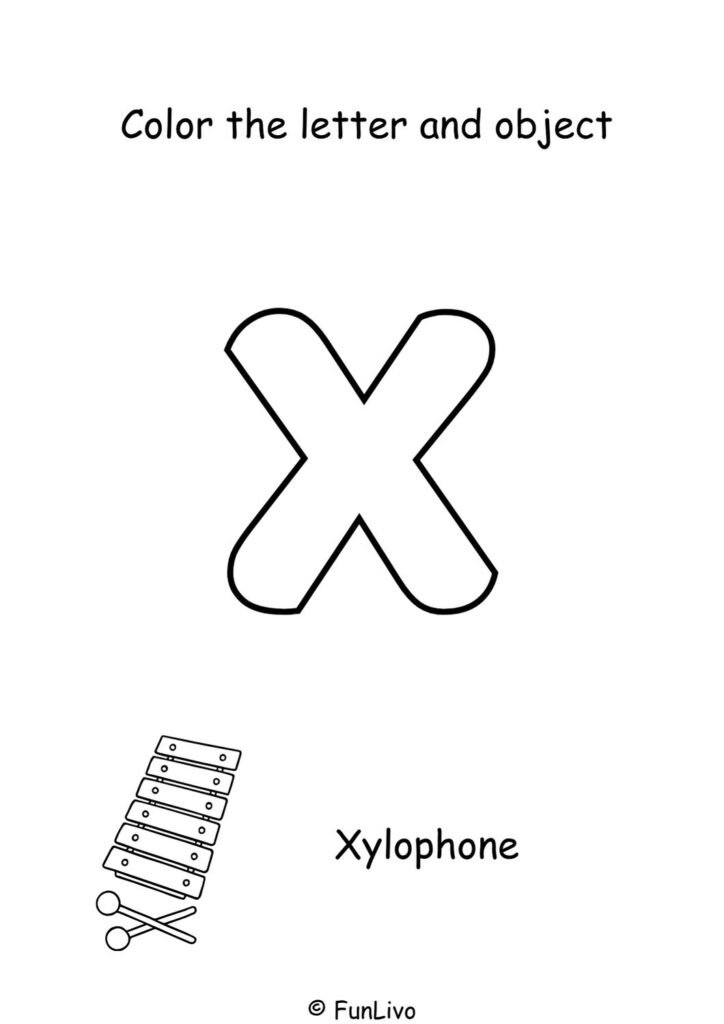 Free uppercase letter X coloring worksheet with aeroplane for preschool kids