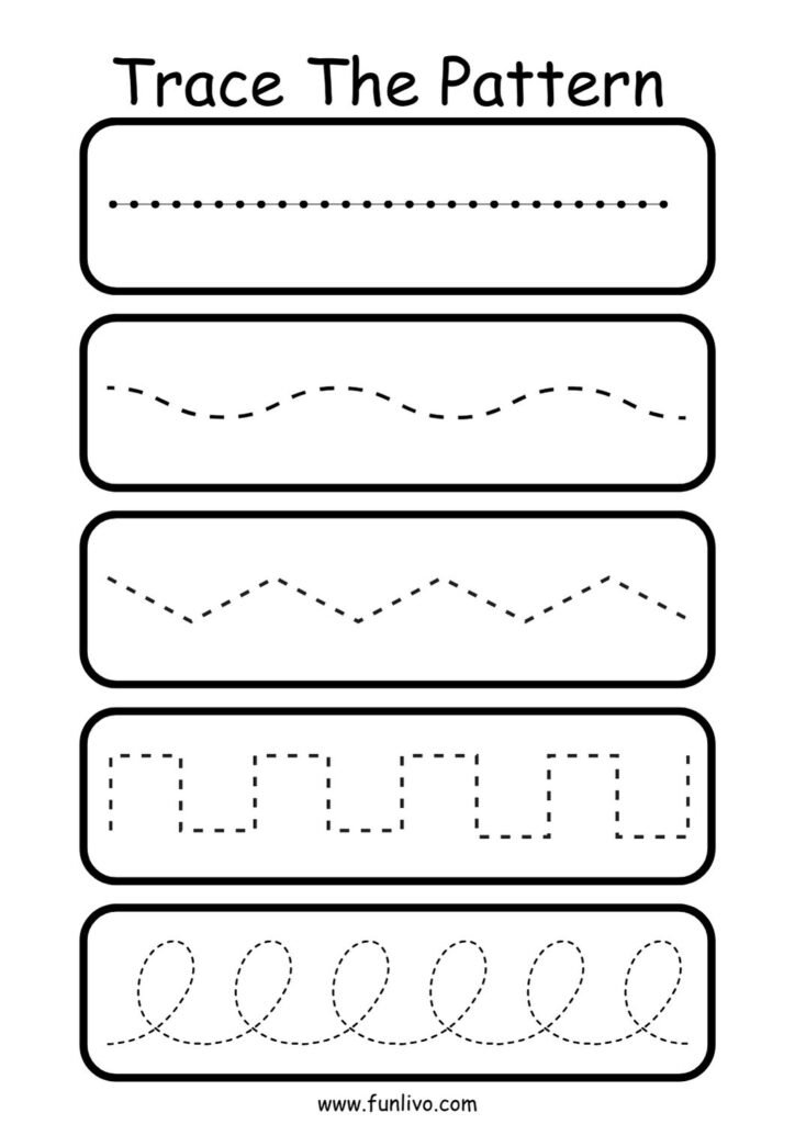 Pencil control worksheet with dotted zigzag and wave tracing patterns