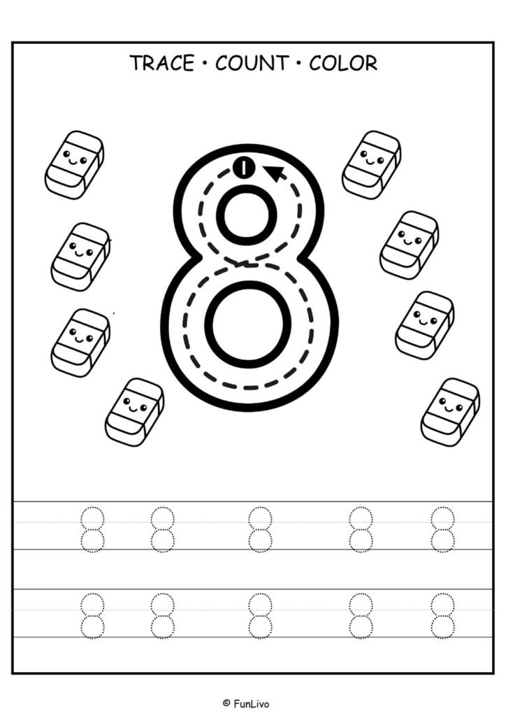 Free number 8 tracing worksheet for preschool kids with counting and coloring activity