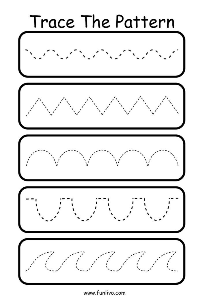 Pencil control worksheet with dotted straight and curved tracing patterns