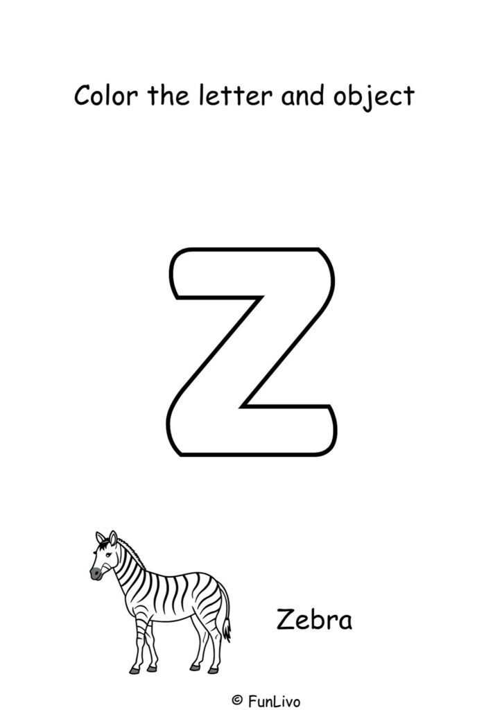 Free uppercase letter Z coloring worksheet with aeroplane for preschool kids