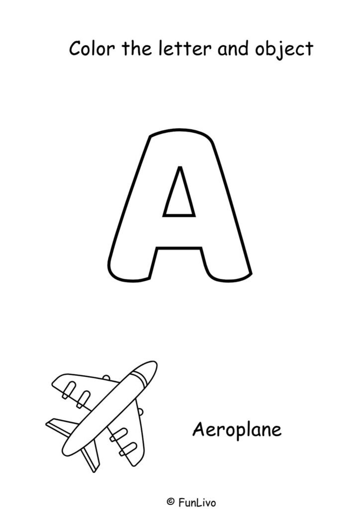 Free uppercase letter A coloring worksheet with aeroplane for preschool kids