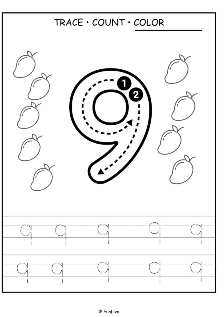Free number 9 tracing worksheet for preschool kids with counting and coloring activity