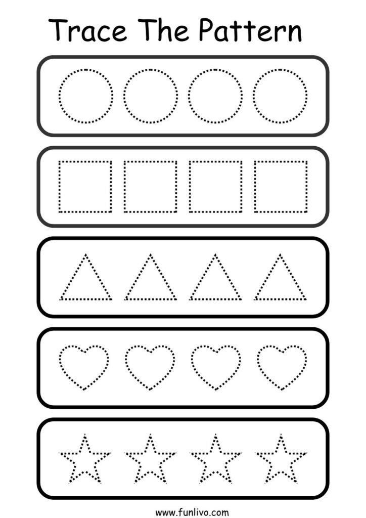 Pencil control pattern worksheet with circle, square, triangle and heart shapes