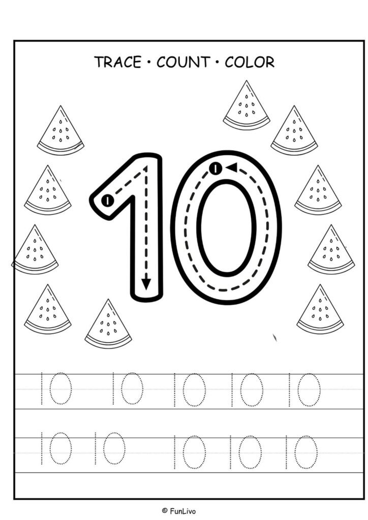 Free number 10 tracing worksheet for preschool kids with counting and coloring activity