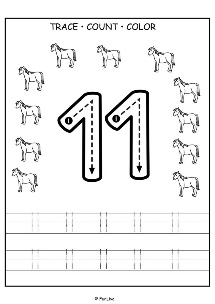 Free number 11 tracing worksheet for preschool kids with counting and coloring activity