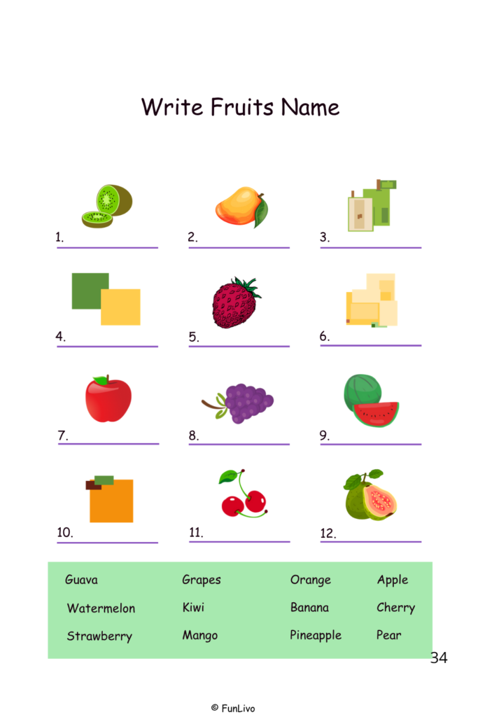 fruits name recognition activity worksheet for preschool kids
