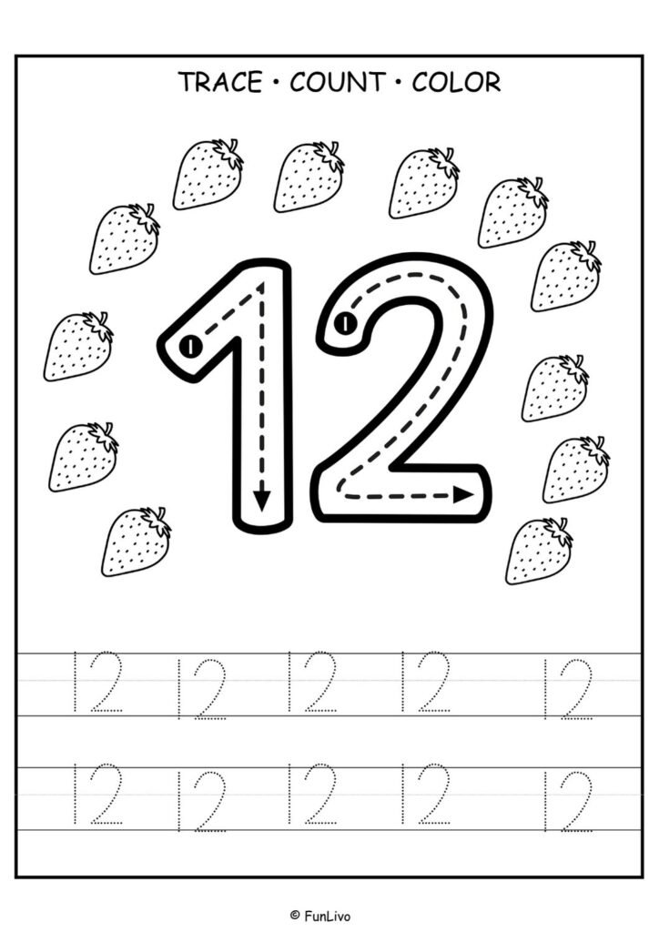 Free number 12 tracing worksheet for preschool kids with counting and coloring activity