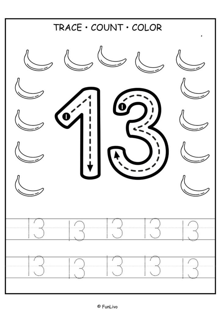 Free number 13 tracing worksheet for preschool kids with counting and coloring activity