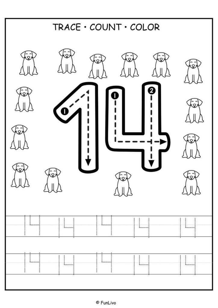 Free number 14 tracing worksheet for preschool kids with counting and coloring activity