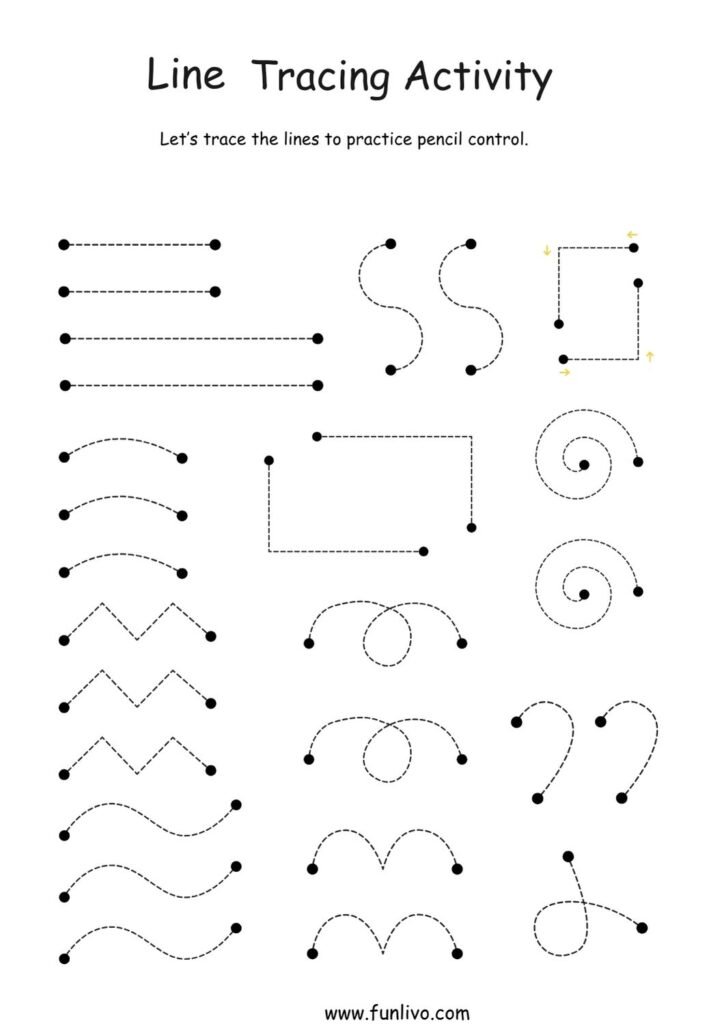 Pencil control line tracing activity worksheet with straight, curved, zigzag and spiral lines