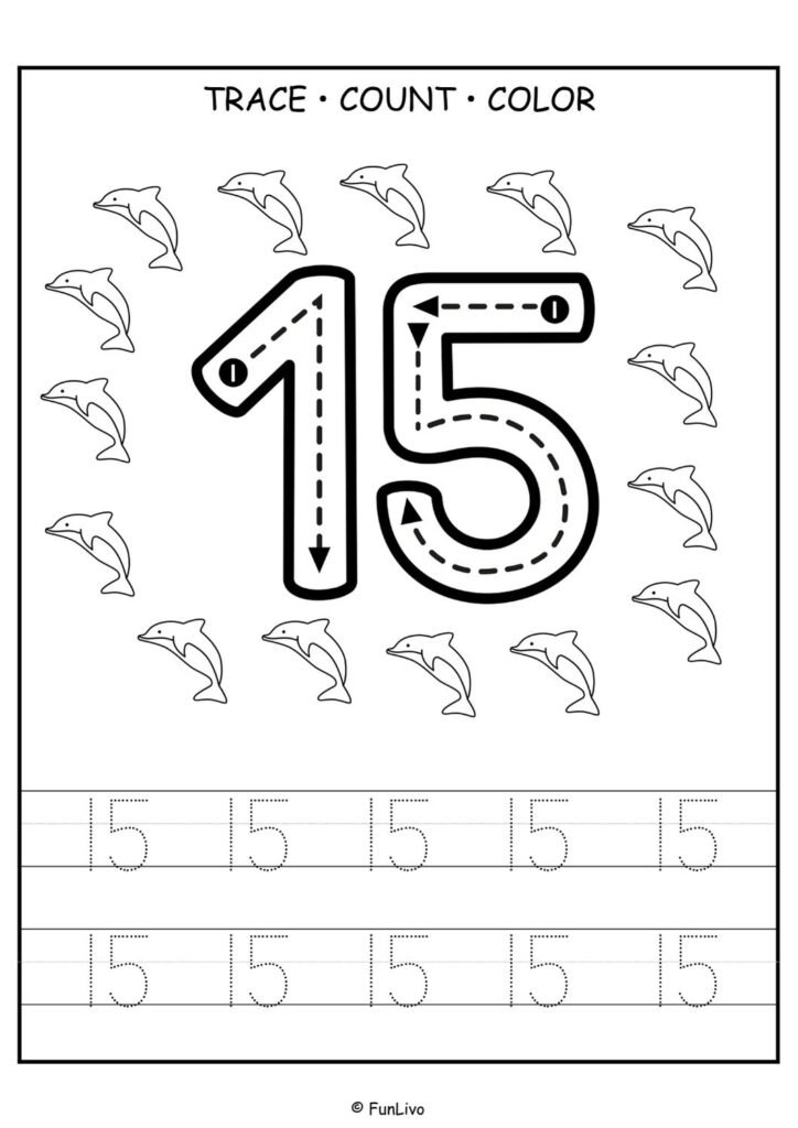 Free number 15 tracing worksheet for preschool kids with counting and coloring activity