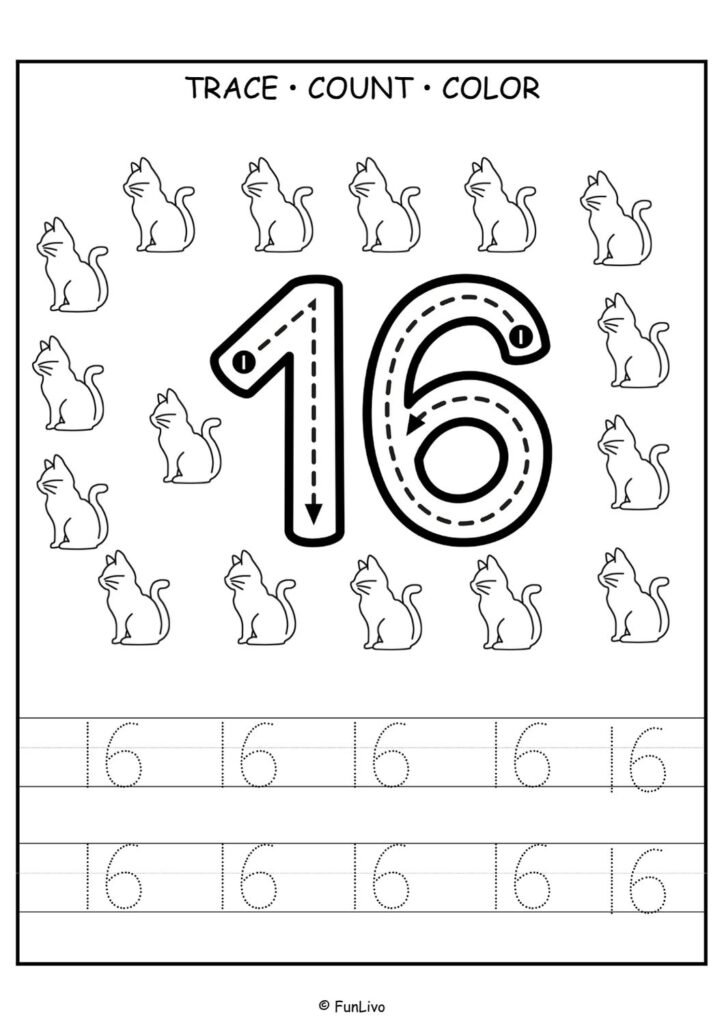 Free number 16 tracing worksheet for preschool kids with counting and coloring activity
