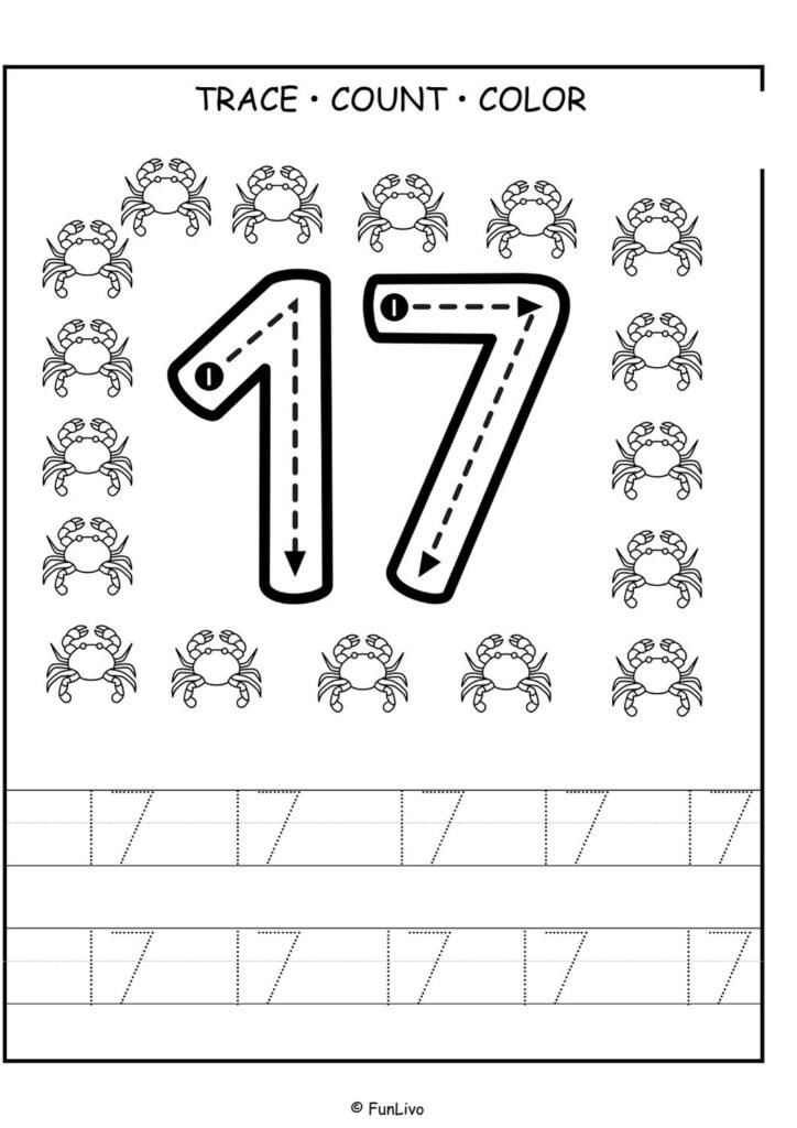 Free number 17 tracing worksheet for preschool kids with counting and coloring activity