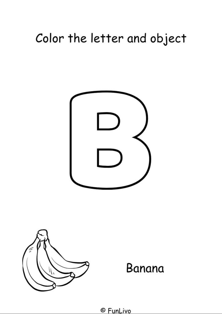 Free uppercase letter B coloring worksheet with aeroplane for preschool kids