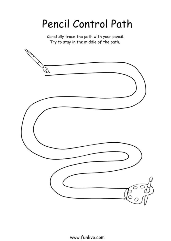 Pencil control path worksheet with curved winding lines