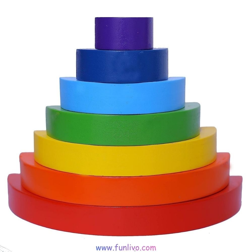 Wooden rainbow stacking toy image: how can use or play with this toy