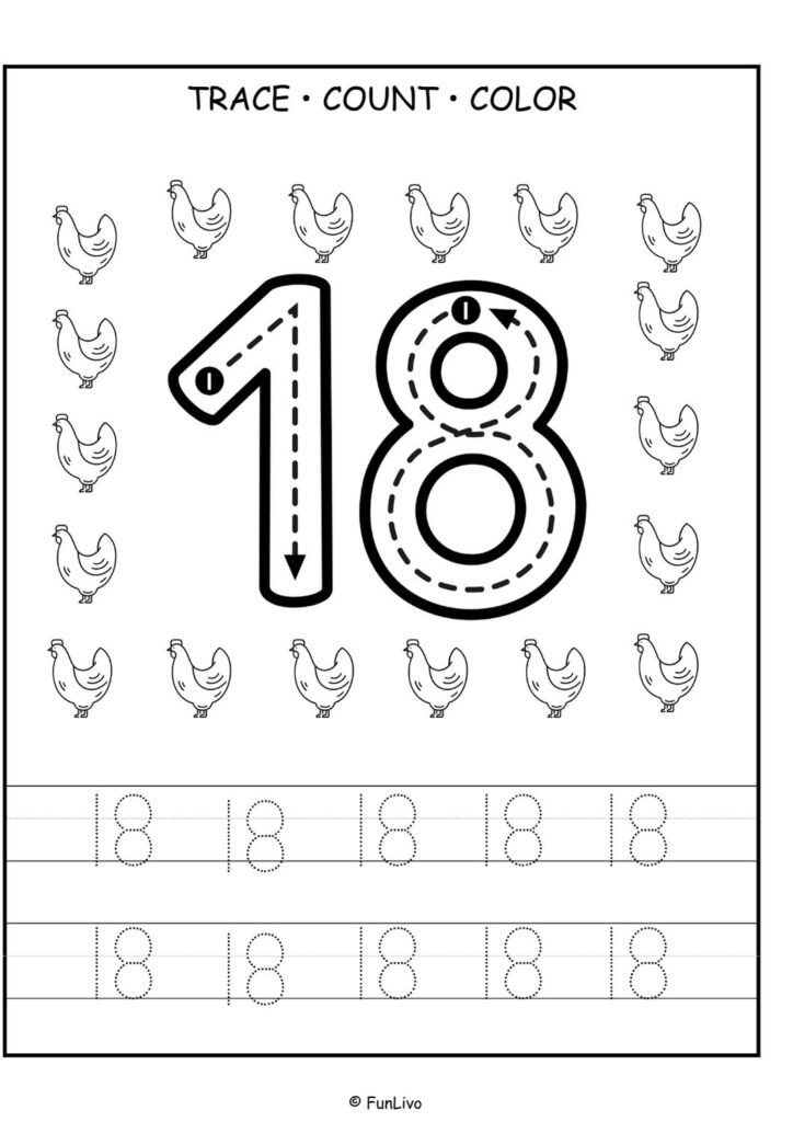 Free number 18 tracing worksheet for preschool kids with counting and coloring activity