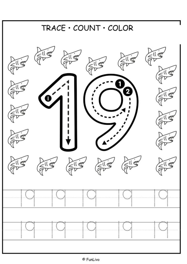 Free number 19 tracing worksheet for preschool kids with counting and coloring activity