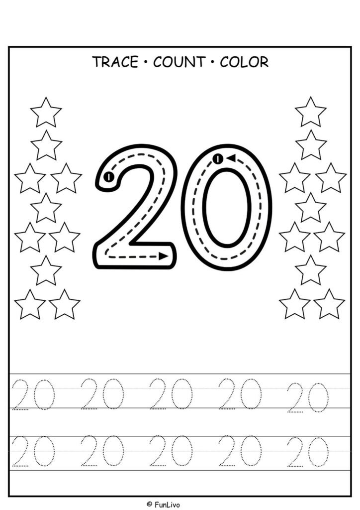 Free number 20 tracing worksheet for preschool kids with counting and coloring activity