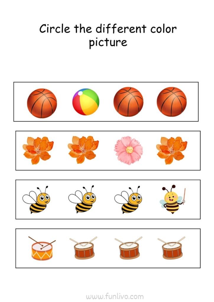 circle the different color activity worksheet for preschool kids for color recognition
