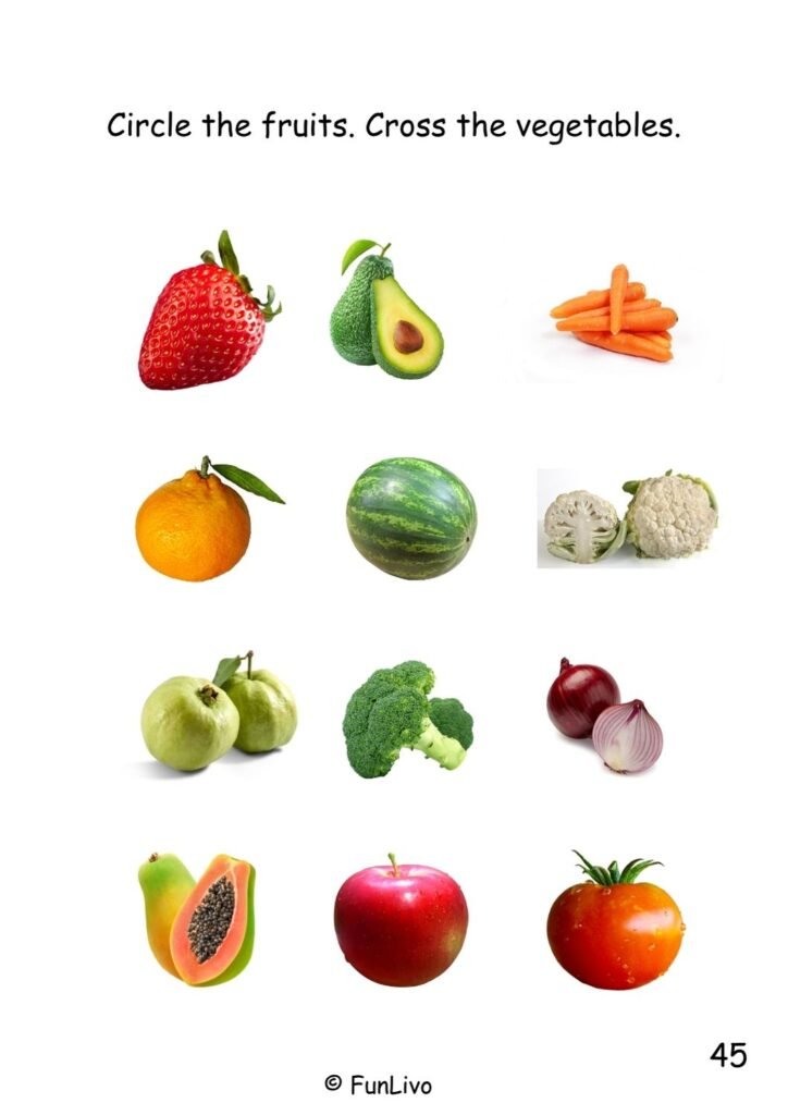 Circle and Cross fruits and veggies activity for preschool kids
