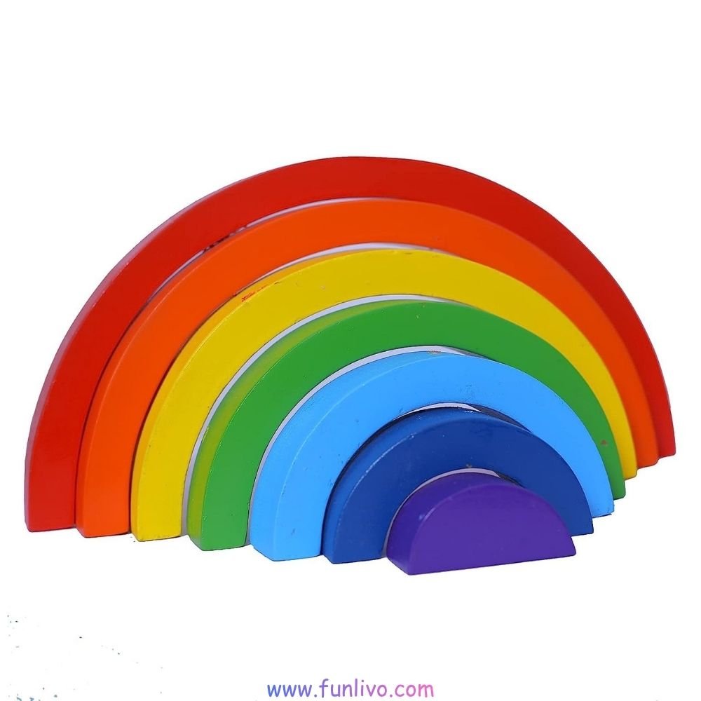 7-piece wooden rainbow stacker toy images of different style playing
