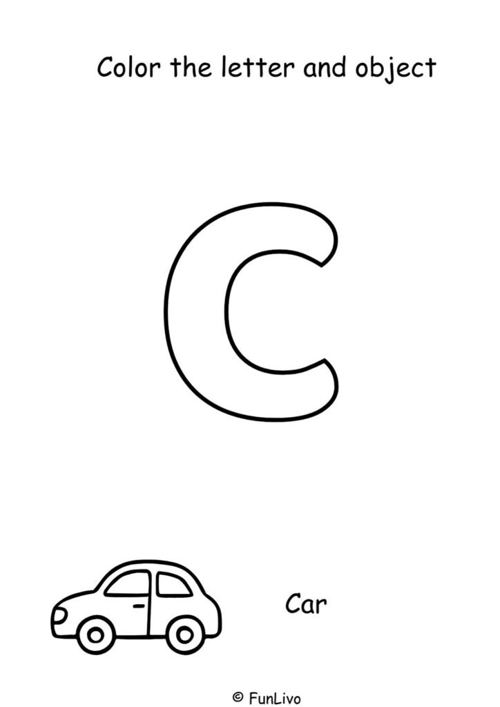 Free uppercase letter C coloring worksheet with aeroplane for preschool kids