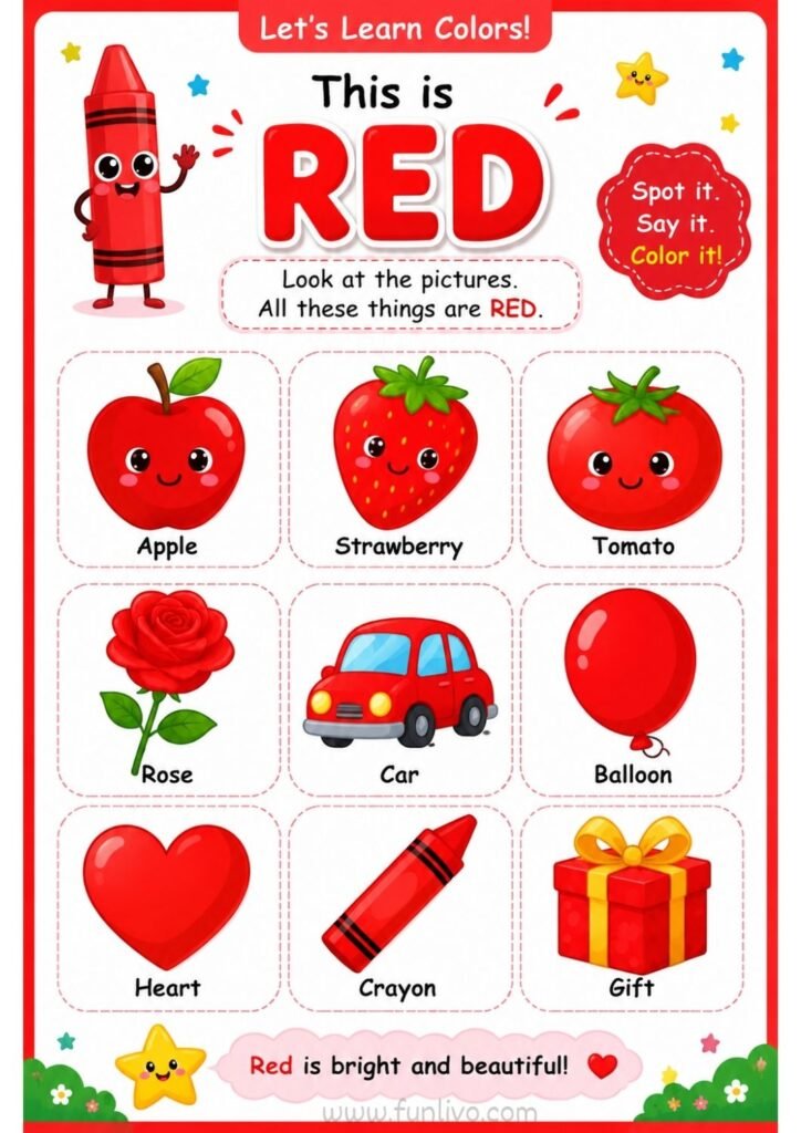 Red color worksheet for preschool kids with familiar red objects to color and identify