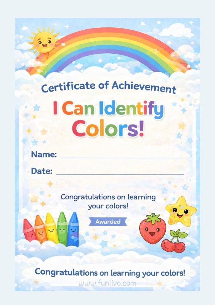 I Can Identify Colors certificate for preschool children completing color learning activities