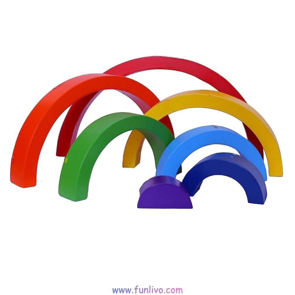 7-piece wooden rainbow stacker toy images of different style playing