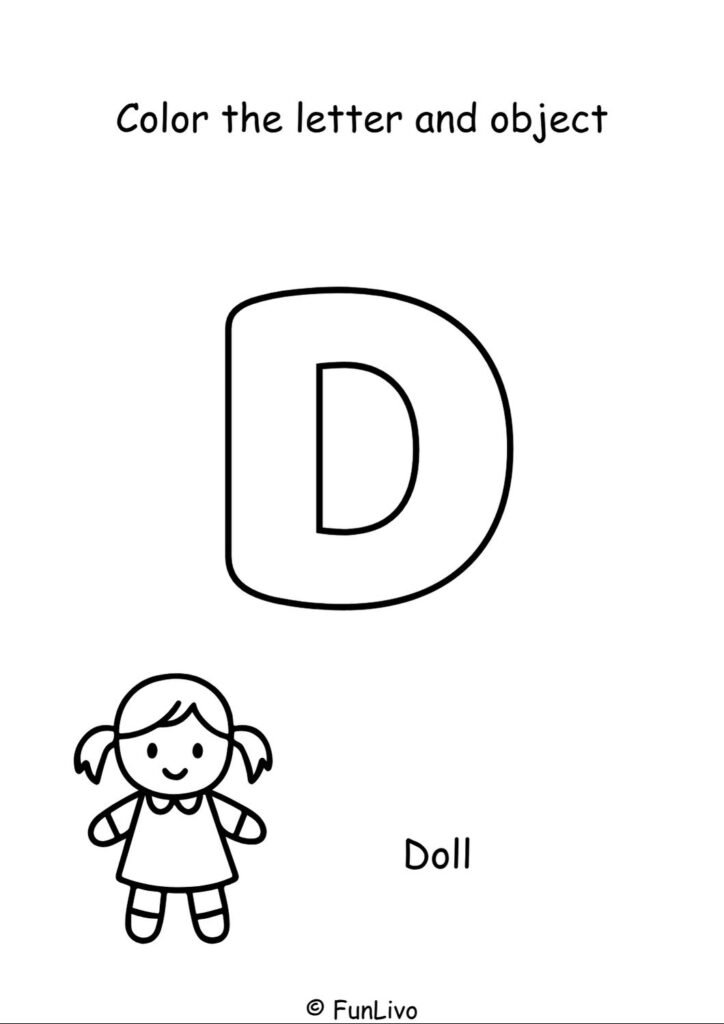 Free uppercase letter D coloring worksheet with aeroplane for preschool kids