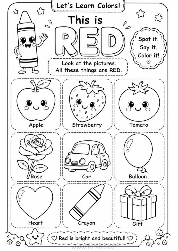 Red color objects coloring worksheet for preschool kids