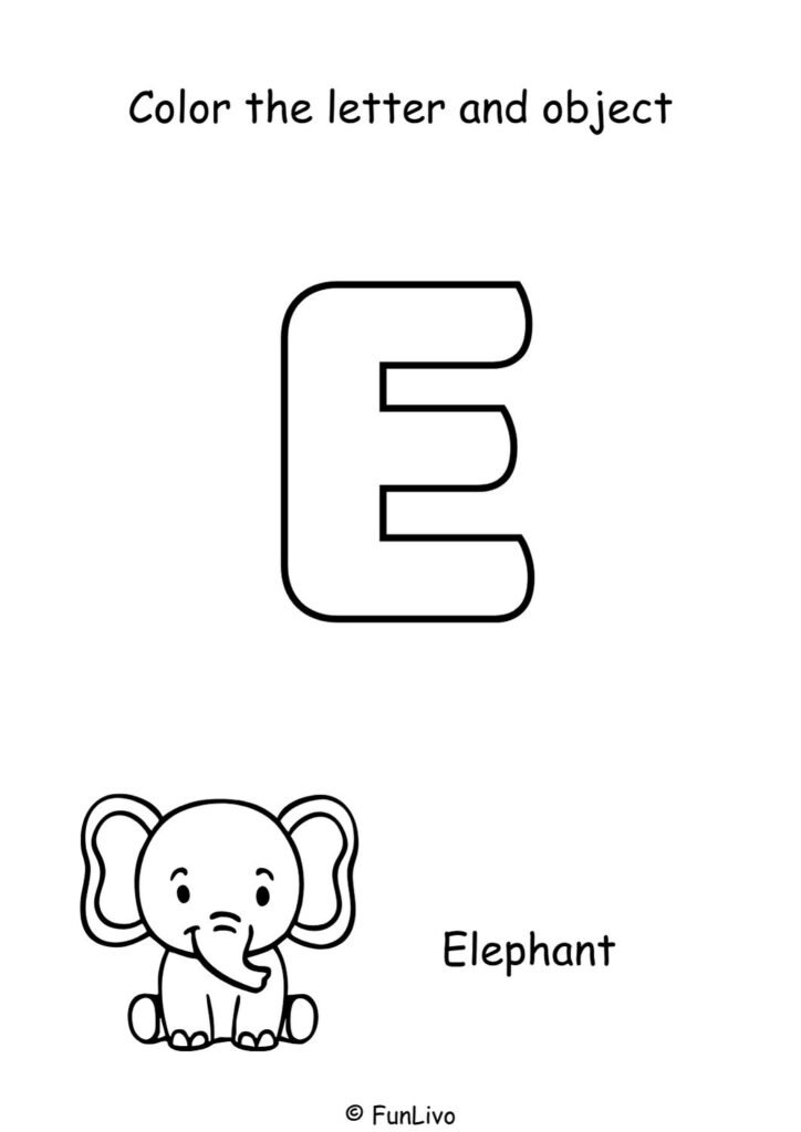 Free uppercase letter E coloring worksheet with aeroplane for preschool kids