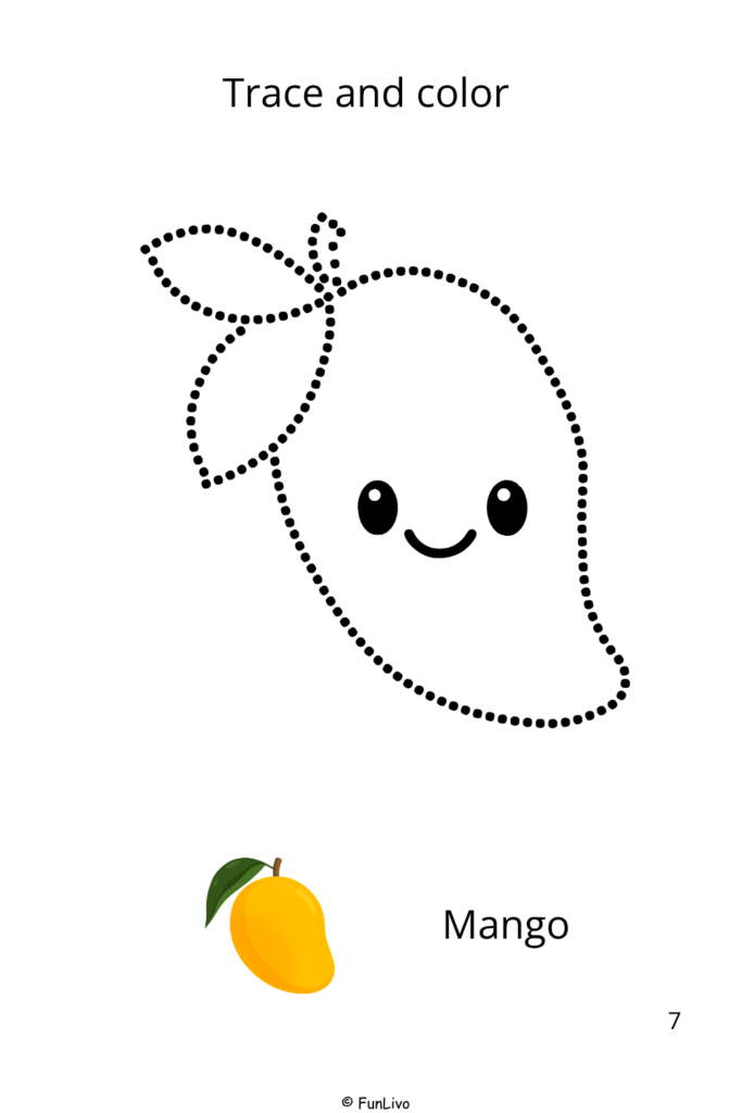 Mango Fruit Tracing and Coloring Worksheets for Preschool Kids