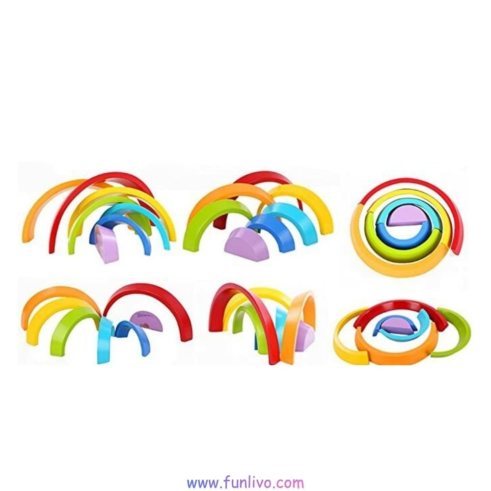 Wooden rainbow stacking toy with multiple ways to play