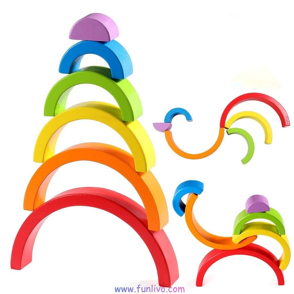 Wooden rainbow stacking toy with multiple ways to play