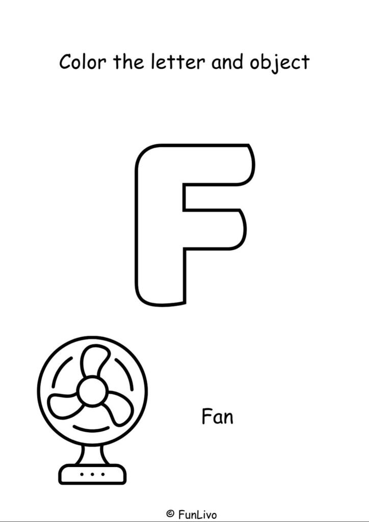Free uppercase letter F coloring worksheet with aeroplane for preschool kids